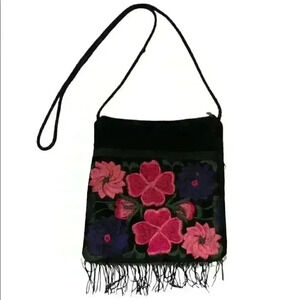 MADE IN MEXICO EMBROIDERED VELVET FRINGE CROSSBODY BAG ZIPPER